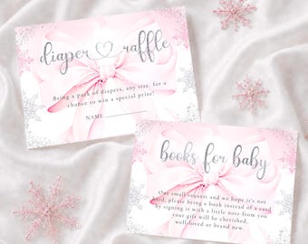 Babyparty-Geschenkekarte „Es ist kalt draußen“ mit rosa Schleife | Windel-Verlosung „Kleine Schneeflocke“ + Bücher fürs Baby