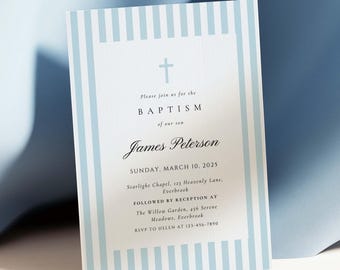 May include: A blue and white striped invitation card with a cross at the top. The text reads "Please join us for the Baptism of our son James Peterson Sunday, March 10, 2025 Starlight Chapel, 123 Heavenly Lane, Everbrook Followed by Reception at The Willow Garden, 456 Serene Meadows, Everbrook RSVP to Helen at 123-456-7890"