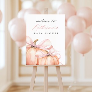 Little Pumpkin is On The Way Welcome Sign Pink Bow Girl Baby Shower Template Watercolor Pink Bow Fall Theme Welcome Sign Pretty Autumn Canva image 3