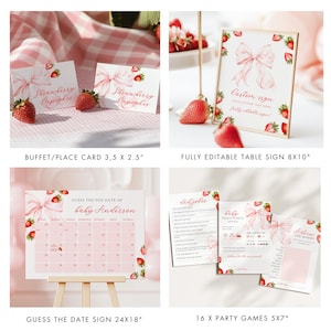 May include: A collection of baby shower party supplies with a strawberry theme. Includes buffet cards, a table sign, a calendar, and party games. The items feature pink bows, strawberries, and text that reads "Strawberry Cupcakes", "Custom sign", and "Guess the due date of baby Anderson".