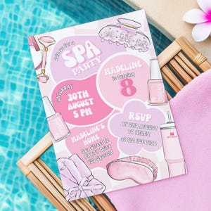 Spa Birthday Party Invitation 8th Bday Spa Birthday Invite Pink Pamper Party Pink Bow Invitation Editable Canva Template Birthday Retro