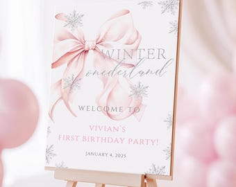 Pink Bow Winter Onederland First Birthday Welcome Sign Girl Snowflake 1st Birthday Pink Silver Winter Onederland Entrance Sign 1st Christmas