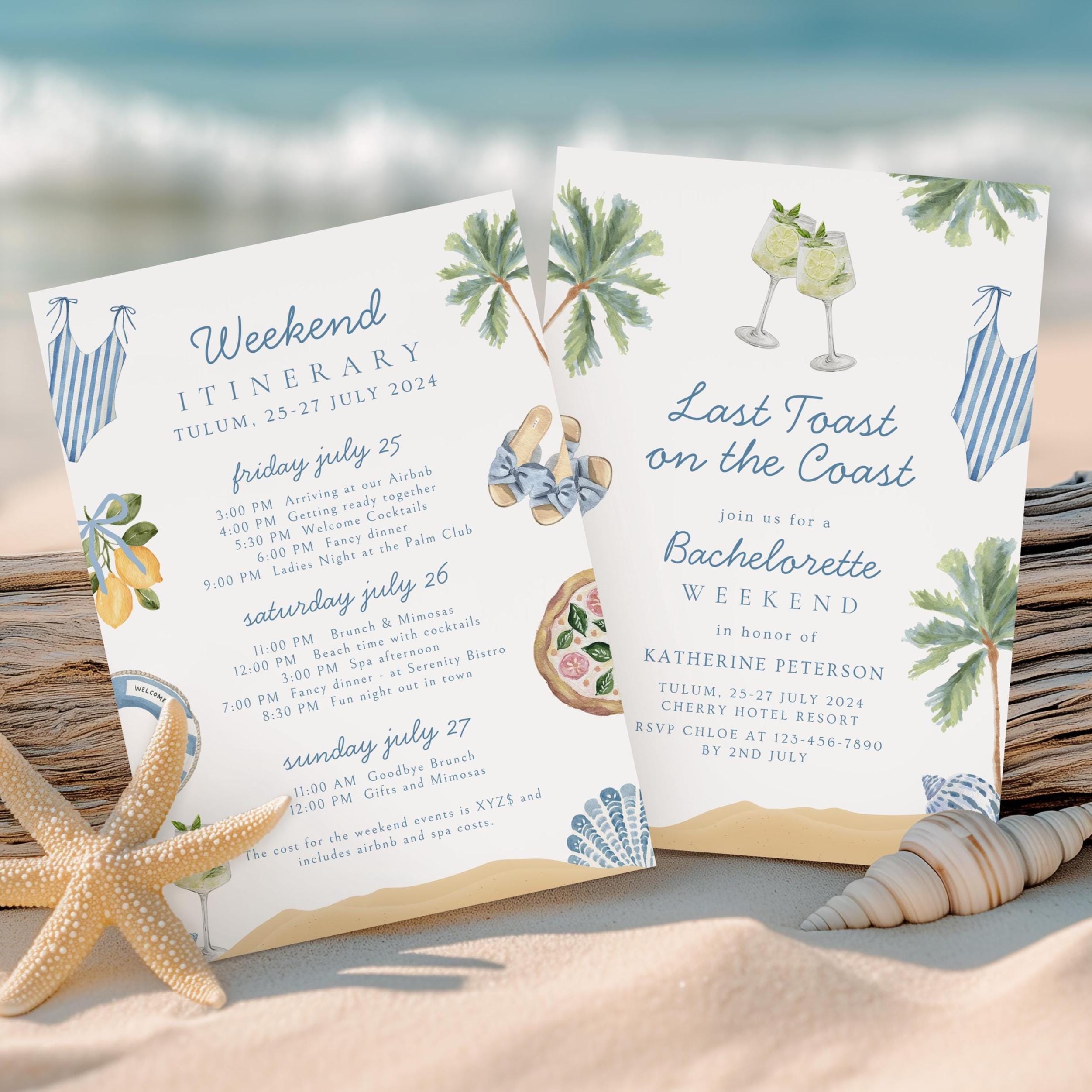 Last Toast on the Coast Bachelorette Party Invitation Template Blue Coastal  Summer Bridal Canva Printable Retro Weekend Beach Itinerary - Etsy, image size:2502x2502