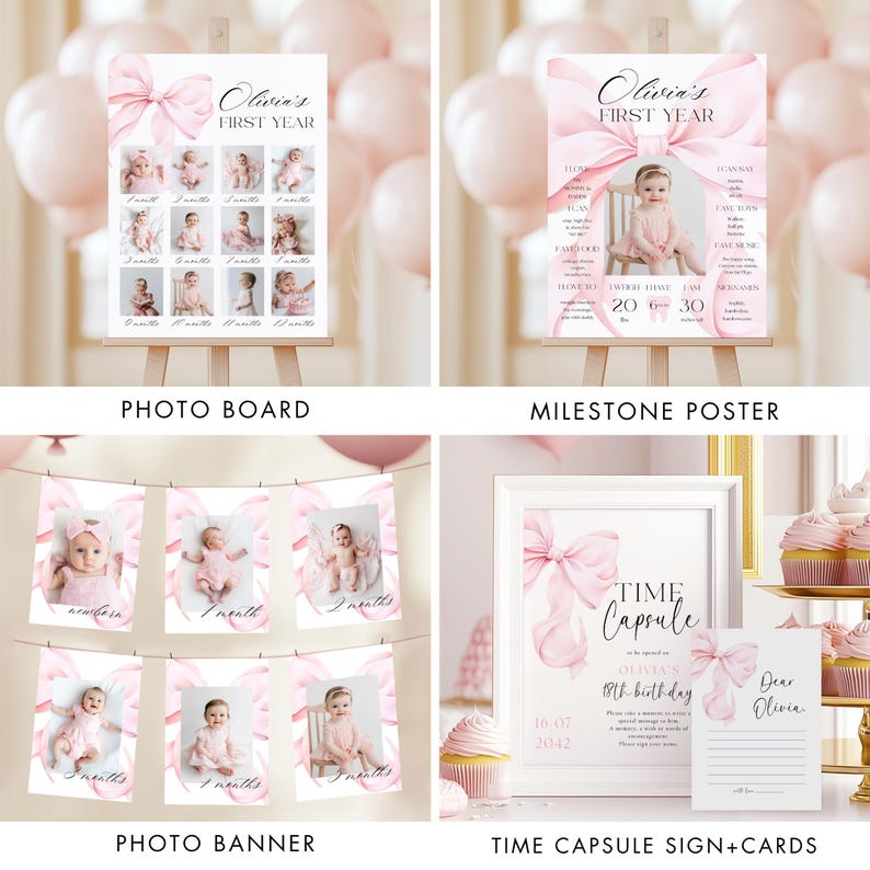 Pink Bow 1st Birthday BUNDLE Templates Baby Girl First Birthday ...