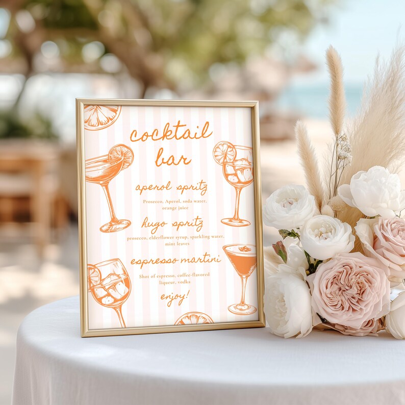 Cocktailbarskylt "Love at First Spritz" Möhippa Mall Retro Elegant Rosa Randig Sommar Handritad Spritz Bar Poster Canvas bild 5