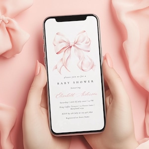 Animated Pink Bow Girl Baby Shower Digital Mobile Invitation Template Evite Simple Pink Bow Minimal Coquette Girl Baby Shower Canva Editable