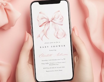 Animated Pink Bow Girl Baby Shower Digital Mobile Invitation Template Evite Simple Pink Bow Minimal Coquette Girl Baby Shower Canva Editable