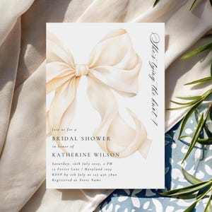 Butter Yellow Bow Bridal Shower Invitation Template She&#39;s Tying the Knot Bridal Party Elegant Pale Yellow Bow Bridal Brunch Printable Invite
