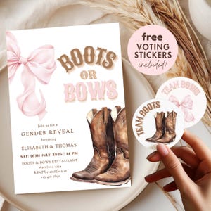 Modèle d'invitation de type bottes ou noeuds | Thème western rose et marron | Invitation numérique modifiable sur toile imprimable Coquette esthétique