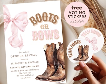Boots or Bows Gender Reveal Invitation Template | Pink and Brown Western Theme | Editable Digital Invite Canva Printable Coquette Aesthetic