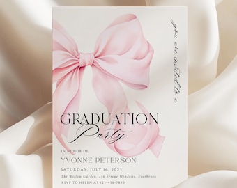 Pink Bow GRADUATION Invitation Template Coquette Grad Party Photo Template Trendy Modern Grad Invite Girly Chic Digital Download Canva