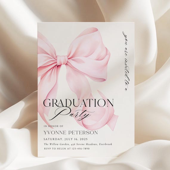 Pink Bow GRADUATION Invitation Template Coquette Grad Party Photo Template Trendy Modern Grad Invite Girly Chic Digital Download Canva