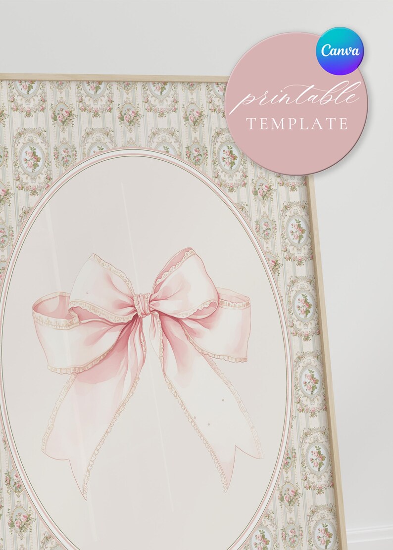May include: A printable template featuring a pink bow with a white lace trim, set against a background of a delicate floral pattern.