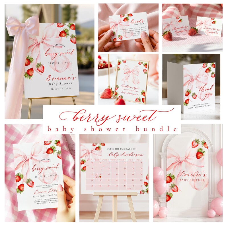 Strawberry Baby Shower Invitation Template Someone Berry Sweet is on the Way Coquette Baby Girl Ribbon Pink Bow Invitation Canva Editable image 6