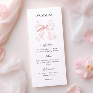 Moderne blush roze strik menukaartsjabloon babyshower bruids douche bruiloft menusjabloon Canva afdrukbare flirt roze strik lint minimalistisch