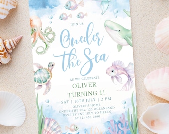 Oneder the Sea First Birthday Invitation Canva Template Under The Sea 1st Birthday Party Invite Ocean Theme Animal Baby Boy Bday Invitation