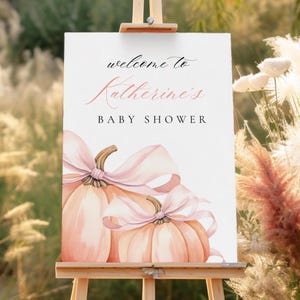 Little Pumpkin is On The Way Welcome Sign Pink Bow Girl Baby Shower Template Watercolor Pink Bow Fall Theme Welcome Sign Pretty Autumn Canva image 1