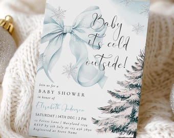 Einladungsvorlage „Babyparty mit blauer Schleife – Es ist kalt draußen“ | Weihnachtliches Schneeflocken-Winterwunderland | Digitale Canva-Einladung