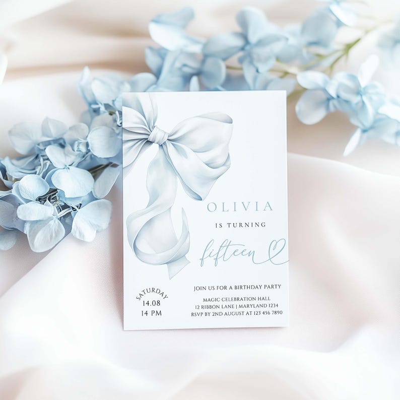 Blue Bow Birthday Invitation Template Canva Editable Thirteen Fourteen