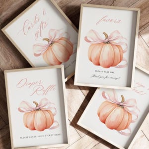 Girl Little Pumpkin Pink Bow Baby Shower Table Sign Template Diaper Raffle Momosa Bar Favors Custom Signage Canva Printable Fall Bow Theme