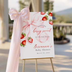 Strawberry Baby Shower Invitation Template Someone Berry Sweet is on the Way Coquette Baby Girl Ribbon Pink Bow Invitation Canva Editable image 7