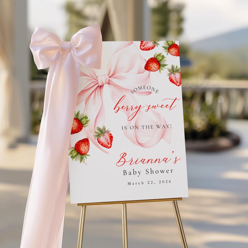 Strawberry Baby Shower Invitation Template Someone Berry Sweet is on the Way Coquette Baby Girl Ribbon Pink Bow Invitation Canva Editable image 7