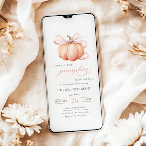Animated Mobile Little Pumpkin is On The Way Pink Bow Girl Baby Shower Invitation Template Video Pink Bow Autumn Fall Theme Invite Canva