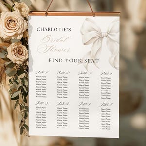 Modèle de table modifiable pour la douche nuptiale avec noeud blanc, tableau de table pour la douche nuptiale coquette rose, affectation de table, ruban rose, toile minimaliste