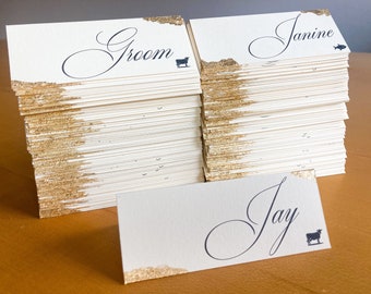 Folded Wedding Place Card, Gold Leaf Name Cards, Personalized Foil Flake Table Setting Cards