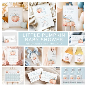 BUNDLE Little Pumpkin is On The Way Baby Shower Set Blue Bow Boy Invitation Fall Welcome Sign Digital Invite 10x Game Blue Pumpkin Bundle