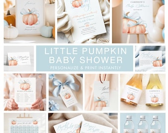 BUNDLE Little Pumpkin is On The Way Baby Shower Set Blue Bow Boy Invitation Fall Welcome Sign Digital Invite 10x Game Blue Pumpkin Bundle