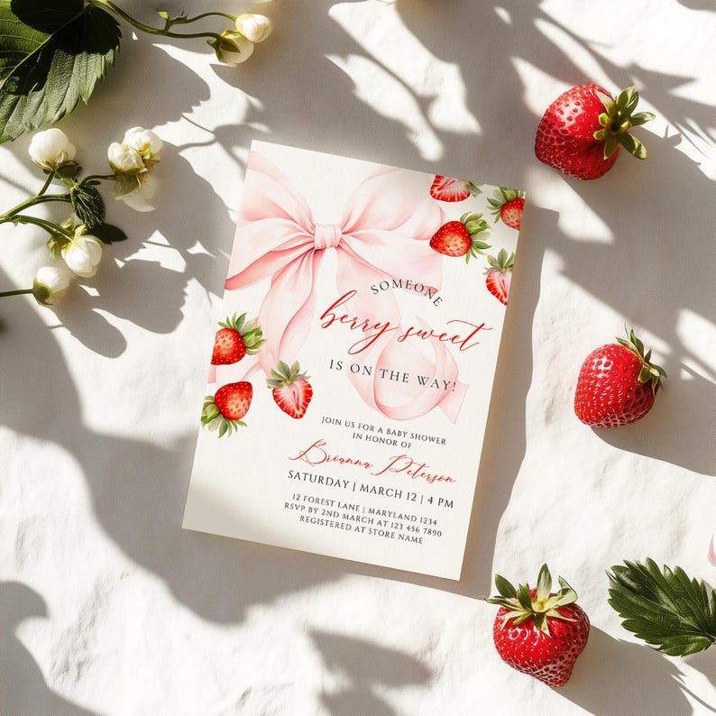 May include: A baby shower invitation featuring a pink bow and strawberry designs. The text says "Someone berry sweet is on the way!" with event details. Fresh strawberries and flowers are arranged around the invitation.