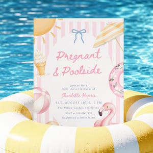 Plantilla de invitación para baby shower con temática de embarazada y piscina / Plantilla editable de CANVA para fiesta de verano en la piscina en color rosa