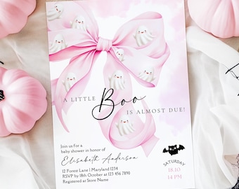 Little Boo is Almost Due Baby Shower Invitation Template Pink Bow Halloween Theme Invite Coquette Little Ghost Baby Shower Printable Canva