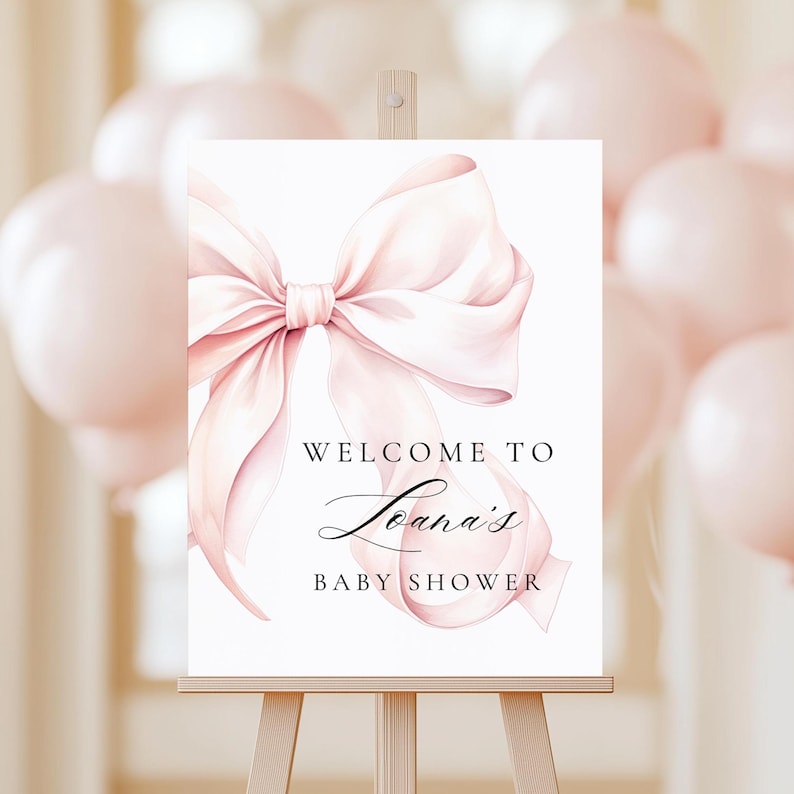 Modernes Blush Pink Schleifen Babyparty Willkommensschild Rosa Kokette Babyparty Eingang Schild Vorlage Rosa Schleife Minimalist 18x24 & 24x36 Canva Bild 2