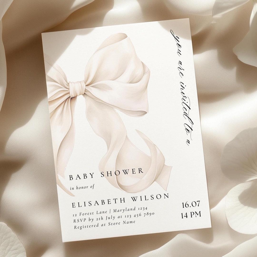 Modern White Bow Baby Shower Invitation Template Baby Shower Canva ...