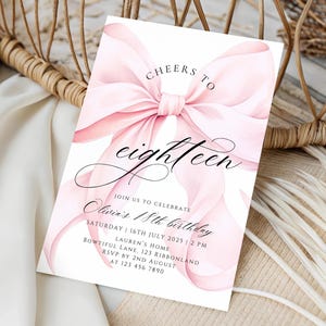 Pink Bow 18th Birthday Invite Coquette Eighteen Birthday Invitation Template Canva Printable Girly Trendy ANY AGE Bow Theme Bday Party