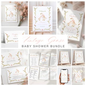 BUNDLE Mama und kleine Baby Gans Baby Shower Rosa Schleife Mädchen Blumen Einladung Herbst Willkommensschild Digital Invite 10x Spiel Party Versorgung Bundle