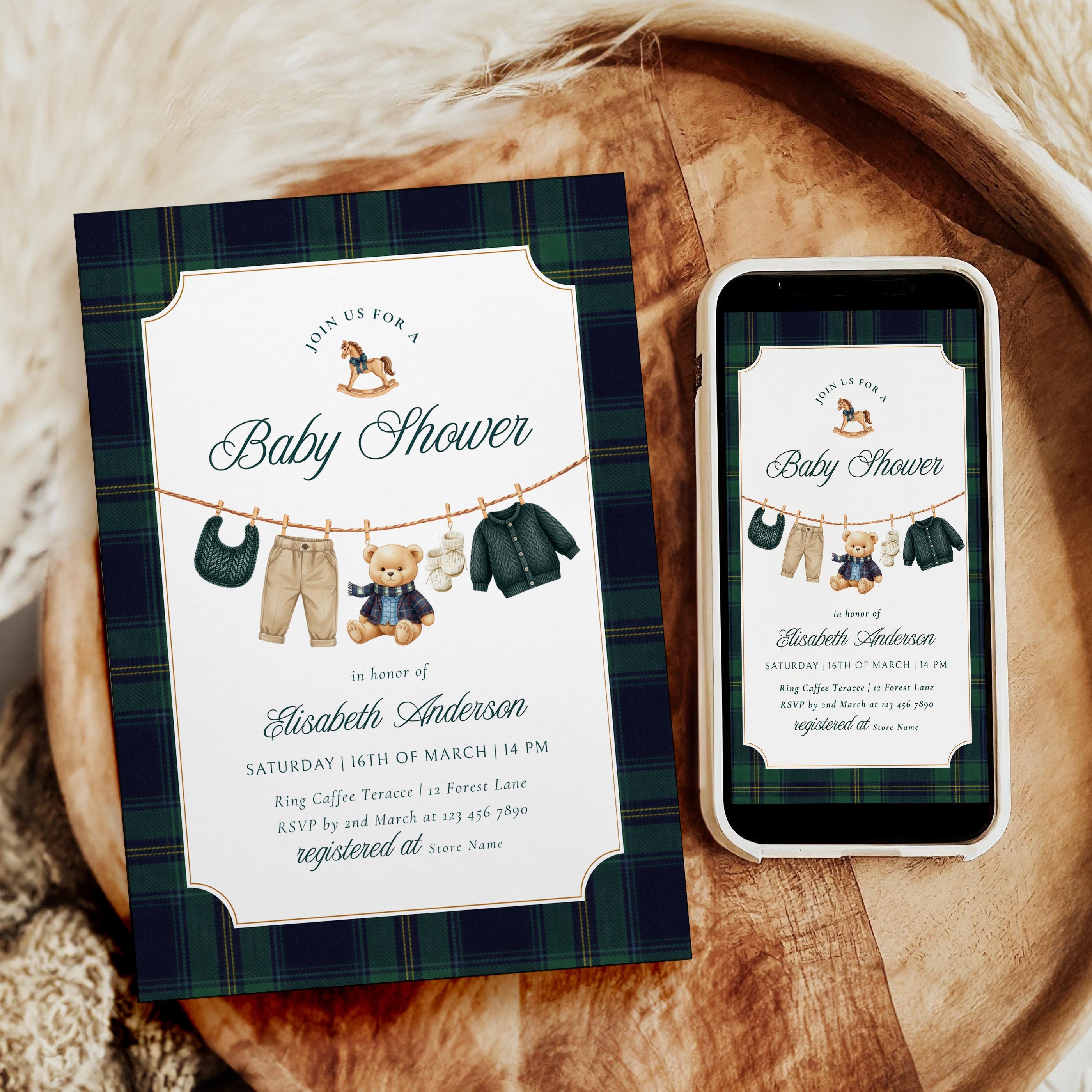 Polo Teddy Bear Baby Shower Digital Invitation Template | Green Tartan ...