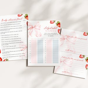 May include: Baby shower game set featuring three sheets with strawberry and bow illustrations. One sheet has a "Baby shower feud" game, another has an "Alphabet Names" game, and the last has "Advice for the new parents" prompts.