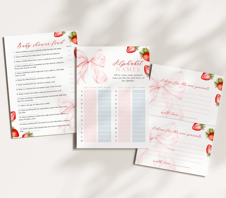 May include: Baby shower game set featuring three sheets with strawberry and bow illustrations. One sheet has a "Baby shower feud" game, another has an "Alphabet Names" game, and the last has "Advice for the new parents" prompts.