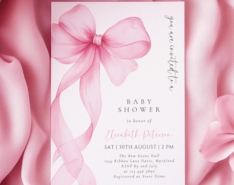 Mall för babyshower med rosa rosett Mall för babyshower för flicka Canva Elegant rosa kokett babyshowerinbjudan Direktnedladdning