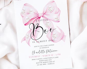 Mała Boo jest prawie na czas, szablon zaproszenia na baby shower, różowa kokarda, zaproszenie na Halloween, Coquette, mały duch, baby shower, wydruk na płótnie
