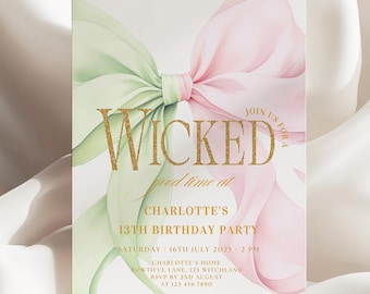 Wicked Good Time Birthday Invitation Template Halloween Coquette Green Pink Bow Birthday Party Invite Witch Bday Teenager Printable Canva