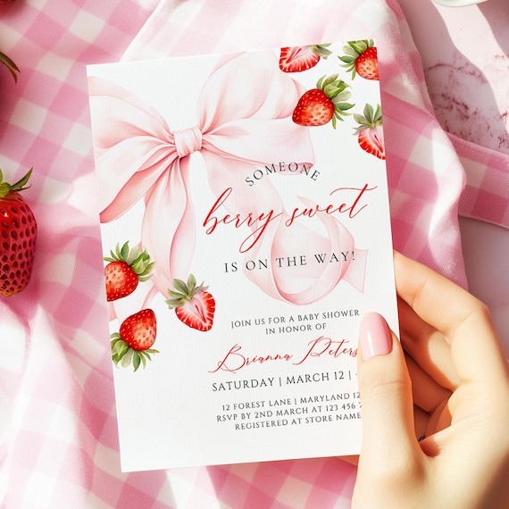 Strawberry Baby Shower Invitation Template Someone Berry Sweet is on the Way Coquette Baby Girl Ribbon Pink Bow Invitation Canva Editable