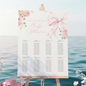 Bloemen roze strik babyshower zitplaatsen grafiek bewerkbare canva sjabloon roze lint flirt baby in bloei tabel toewijzing minimalistische canva