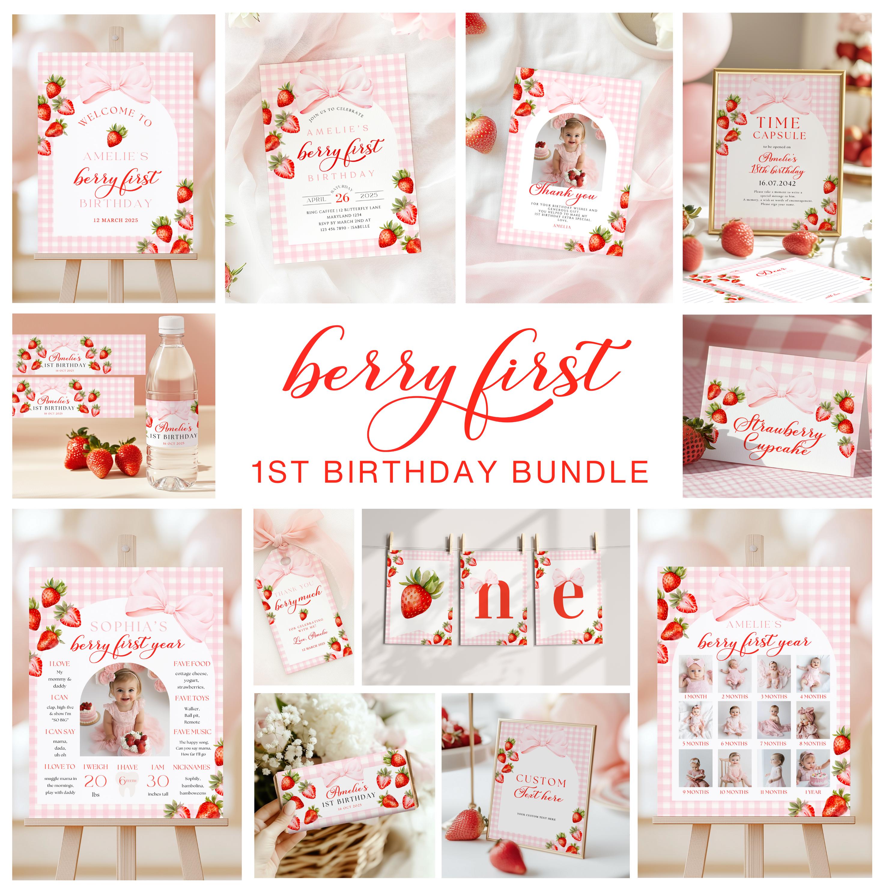 EDITABLE Pink Bow Strawberry 1st Birthday Milestone Template, First ...