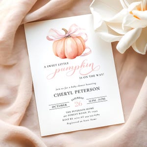 Little Pumpkin is On The Way Pink Bow Girl Baby Shower Invitation Template Watercolor Pink Bow Fall Theme Invite Pretty Autumn Pumpkin Canva