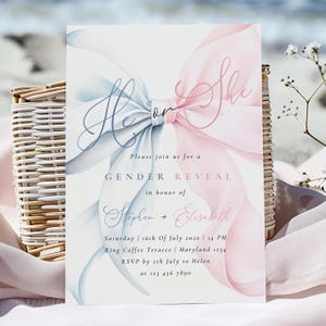Modèle d'Invitation avec noeud papillon pour bébé garçon ou fille, invitation coquette à l'aquarelle rose et bleu à imprimer sur toile