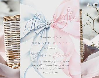 Bow Gender Reveal Invitation Template Baby Boy Or Girl Invite Coquette Watercolor He or She Gender Reveal Bows Pink and Blue Canva Printable